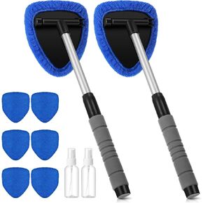 Baderke 10 Pcs Car Window Cleaner Windshield Cleaning Supplies with Extendable Handle Include 6 Washable Reusable Microfiber Bonnets 2 Empty 60ml Spray Bottle Auto Inside Glass Wiper Kit (Gray)