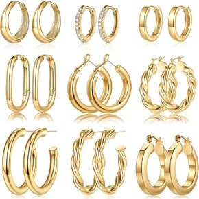 Yesteel 9 Pairs Gold Hoop Earrings for Women, 925 Sterling Silver Post 14K Real Gold Plated Chunky Hoop Earrings Set for Women Hypoallergenic Thick Lightweight Hoop Earrings for Women Gold Jewelry Gifts