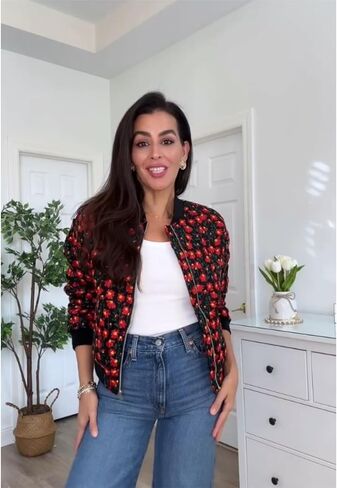 Shiyifa Women's Embroidered Daisy Cropped Bomber Jacket Long Sleeve Zipper Down Cotton Padded Coat Outerwear in Kuwait