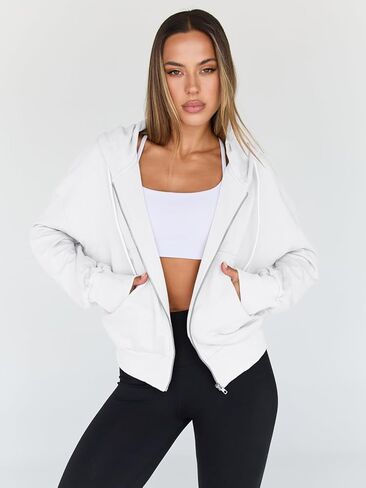 Trendy Queen Hoodies for Women Full Zip Up Cropped Sweatshirts Casual Hooded Pullover Sweaters Tops Fall Winter Clothes 2023 in Saudi Arabia