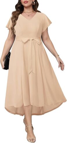 Women's Plus Size High Low Flutter Sleeves Wedding Guest Semi Formal Maxi Long Dress with Pockets in Kuwait