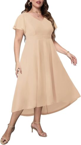 Women's Plus Size High Low Flutter Sleeves Wedding Guest Semi Formal Maxi Long Dress with Pockets in Kuwait