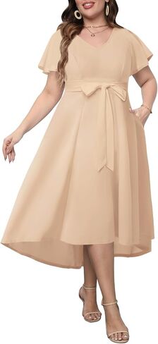 Women's Plus Size High Low Flutter Sleeves Wedding Guest Semi Formal Maxi Long Dress with Pockets in Kuwait