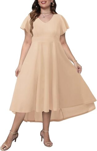 Women's Plus Size High Low Flutter Sleeves Wedding Guest Semi Formal Maxi Long Dress with Pockets in Kuwait