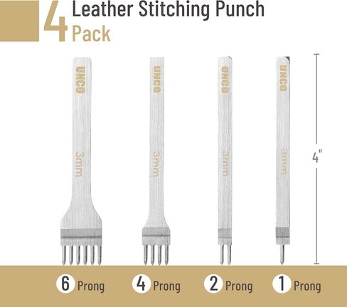 UNCO- Leather Stitching Punch, 4 Pack, 4 mm, 1/2/4/6 Prong, Leather Stitch Punch, Leather Fork Punch, Leather Chisel, Leather Hole Punch Tool, Leather Punch Tool, Stitching Chisel in Kuwait