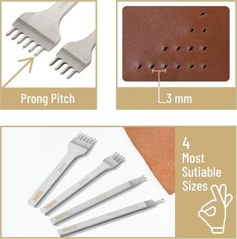 UNCO- Leather Stitching Punch, 4 Pack, 4 mm, 1/2/4/6 Prong, Leather Stitch Punch, Leather Fork Punch, Leather Chisel, Leather Hole Punch Tool, Leather Punch Tool, Stitching Chisel in Kuwait