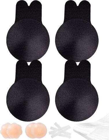 Adhesive Bra Sticky Bra 2 Pair, Push Up Sticky Boobs for Women, Invisible Silicone Bras for Backless Strapless Dress with Nipple Pasties(Black+Nude-L/XL) 01 in Saudi Arabia