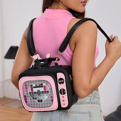 Women TV Shape Ita Bag Retro Television Shoulder Bag Design Ita Backpack with Inserts Unique female Clear Windows Anime Display Crossbody Bag for Enamel Pins Display in Kuwait
