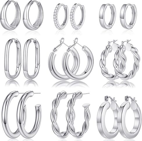 Yesteel 9 Pairs Gold Hoop Earrings for Women, 925 Sterling Silver Post 14K Real Gold Plated Chunky Hoop Earrings Set for Women Hypoallergenic Thick Lightweight Hoop Earrings for Women Gold Jewelry Gifts in Saudi Arabia