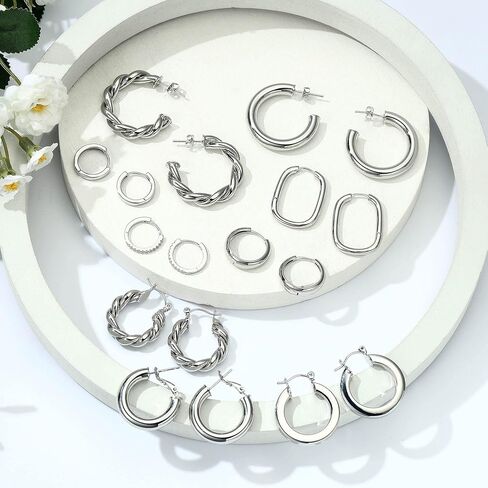 Yesteel 9 Pairs Gold Hoop Earrings for Women, 925 Sterling Silver Post 14K Real Gold Plated Chunky Hoop Earrings Set for Women Hypoallergenic Thick Lightweight Hoop Earrings for Women Gold Jewelry Gifts in Saudi Arabia