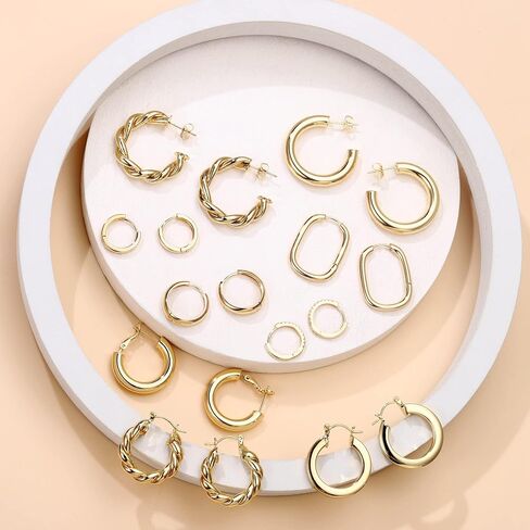 Yesteel 9 Pairs Gold Hoop Earrings for Women, 925 Sterling Silver Post 14K Real Gold Plated Chunky Hoop Earrings Set for Women Hypoallergenic Thick Lightweight Hoop Earrings for Women Gold Jewelry Gifts in Saudi Arabia
