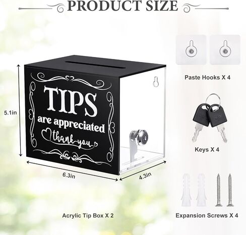 2 Pack Tip Jar Acrylic Tip Box with 4 Paste Hooks 4 Expansion Screws Money Storage Container Suggestion Box Raffle Cash Box Tip Bucket for Bartender Restaurants Bars Musicians Driver (2 PCS) in Kuwait