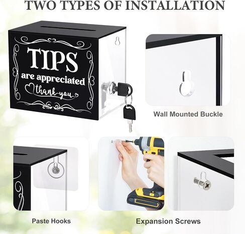 2 Pack Tip Jar Acrylic Tip Box with 4 Paste Hooks 4 Expansion Screws Money Storage Container Suggestion Box Raffle Cash Box Tip Bucket for Bartender Restaurants Bars Musicians Driver (2 PCS) in Kuwait