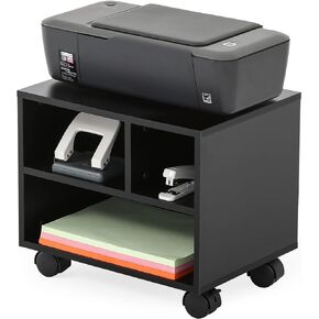 FITUEYES Mobile Printer Stand with Storage, Under Desk Black Wood Small Rolling Printer Table Work Cart with Wheels and 3 Compartment Organizer Spaces for Home Office, 15.7 x 11.8 x 13.8