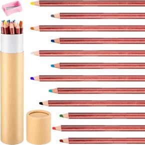 Assorted Colors Wooden Chalk Pencils with Sharpener and Kraft Paper Container, 12 Pcs