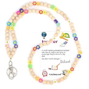 Lanyards for id badges and Keys for Women Come with a Teacher-Themed Card Wood Beaded Lanyard for Teacher Gift (B)