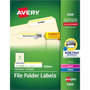 Avery TrueBlock File Folder Labels, 2/3" x 3-7/16", 1,500 Printable Labels, White/Yellow, Permanent (5966)