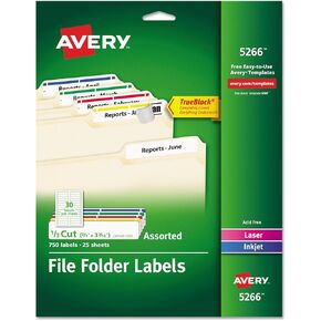Avery 5266 Permanent Filing Labels, 1/3 Cut, 750/PK, RD/BE/GN/PE/YW