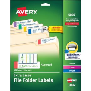ملصقات مجلد ملفات كبيرة جدًا من Avery TrueBlock، 15/16 بوصة × 3-7/16 بوصة، 450 ملصقًا قابلاً للطباعة، ألوان متنوعة (5026)