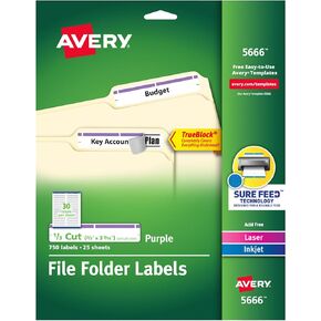 Avery TrueBlock File Folder Labels, 2/3" x 3-7/16", 750 Printable Labels, White/Purple, Permanent (5666)