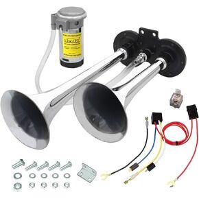150db 12V Air Horn, Chrome Zinc Dual Trumpet with Compressor for Any 12V Vehicles (Black)