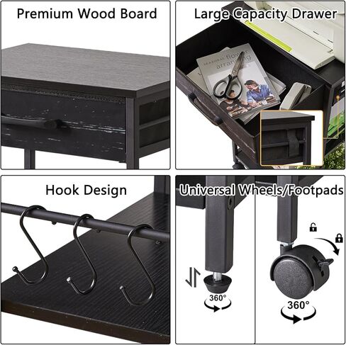 حامل حامل للطابعة من IBUYKE مع درج قماشي، طاولة طابعة من 3 طبقات مع مساحة تخزين، رف للطابعة مع منافذ طاقة، رف طابعة متعدد الوظائف تحت المكتب للمنزل والمكتب، أسود TLJ011B in Kuwait