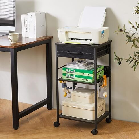 حامل حامل للطابعة من IBUYKE مع درج قماشي، طاولة طابعة من 3 طبقات مع مساحة تخزين، رف للطابعة مع منافذ طاقة، رف طابعة متعدد الوظائف تحت المكتب للمنزل والمكتب، أسود TLJ011B in Kuwait