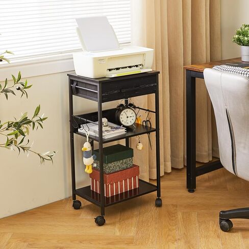 حامل حامل للطابعة من IBUYKE مع درج قماشي، طاولة طابعة من 3 طبقات مع مساحة تخزين، رف للطابعة مع منافذ طاقة، رف طابعة متعدد الوظائف تحت المكتب للمنزل والمكتب، أسود TLJ011B in Kuwait