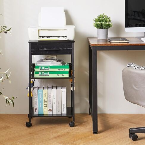 حامل حامل للطابعة من IBUYKE مع درج قماشي، طاولة طابعة من 3 طبقات مع مساحة تخزين، رف للطابعة مع منافذ طاقة، رف طابعة متعدد الوظائف تحت المكتب للمنزل والمكتب، أسود TLJ011B in Kuwait