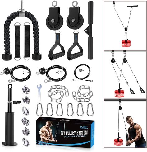 Concho Cable Pulley System Gym, Upgraded Weight Pulley System with 3 Detachable Handles, LAT and Lift Pulley Attachments for Biceps Curl, Triceps, Chest Workout - DIY Home Gym Fitness Equipment in Saudi Arabia