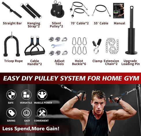 Concho Cable Pulley System Gym, Upgraded Weight Pulley System with 3 Detachable Handles, LAT and Lift Pulley Attachments for Biceps Curl, Triceps, Chest Workout - DIY Home Gym Fitness Equipment in Saudi Arabia