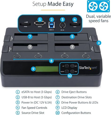 StarTech.com ناسخ/ممحاة القرص الصلب 6 فتحات، مستقل 1:5 HDD/SSD Cloner/ناسخة، USB 3.0/eSATA إلى محطة إرساء SATA، معقم القرص/ممسحة، مسح DOD، جهاز استنساخ بدون أدوات (SATDOCK5U3ER) in Kuwait