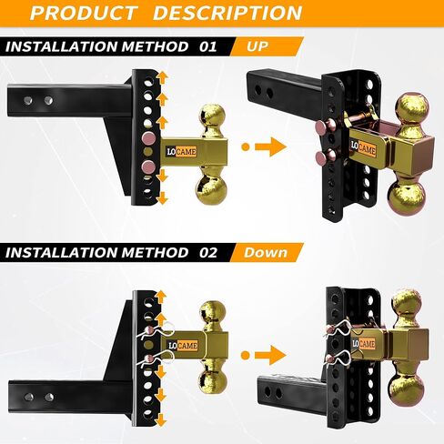 وصلة مقطورة قابلة للتعديل من LOCAME، تناسب جهاز استقبال 2.5 بوصة، وصلة قطرة/ارتفاع 6 بوصة، 21000 رطل GTW، وصلة سحب للشاحنة الثقيلة مع دبابيس مزدوجة، حامل كروي صلب، LC0012 in Kuwait