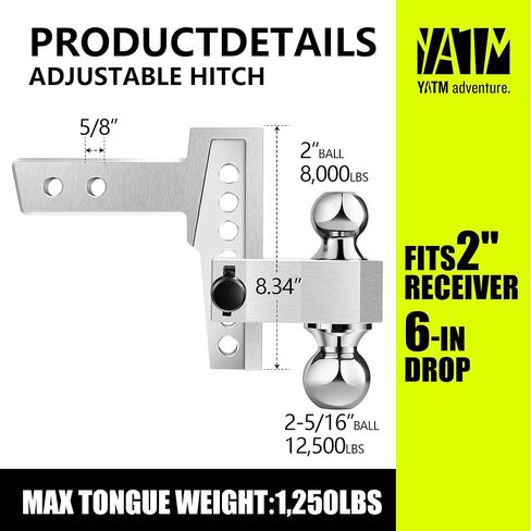 YATM Adjustable Trailer Hitch - Fits 2-Inch Receiver, 6-Inch Drop/Rise,Aluminum Tow Hitches Heavy Duty Design (12,500 LBS GTW) - Weatherproof Anti-Theft Locking Pins in Saudi Arabia