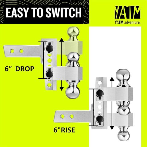 YATM Adjustable Trailer Hitch - Fits 2-Inch Receiver, 6-Inch Drop/Rise,Aluminum Tow Hitches Heavy Duty Design (12,500 LBS GTW) - Weatherproof Anti-Theft Locking Pins in Saudi Arabia
