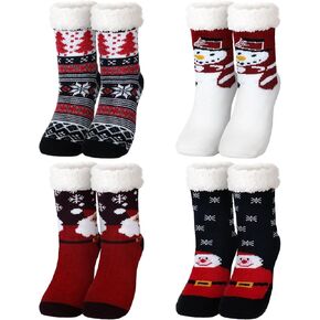 4 Packs Christmas Fluffy Slipper Socks Sherpa Thermal Socks with Grippers Non Slip Fuzzy Slipper Socks Christmas Winter Socks Gift for Women Men