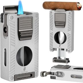 XIFEI Cigar Torch Lighter, Refillable Butane Lighter with Cigar V Cutter Cigar Punch Cigar Draw Enhancer Cigar Holder, Windproof Double Jet Flame, Multifunctional Lighters with Gift Box (Bronze)