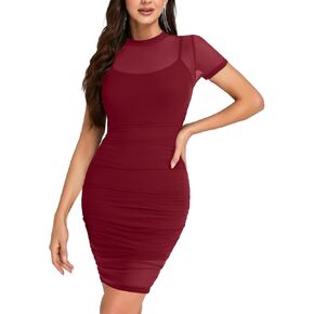 Rooscier Women's Sexy Sheer Mesh Dress 2 Pcs Short Sleeve Ruched Bodycon with Cami Dress