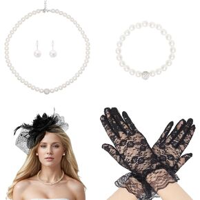 5Pcs Tea Party Fascinator Hat for Women Mesh Fascinators for Women Feather Flower Hat Lace Glove Pearl Jewelry Set