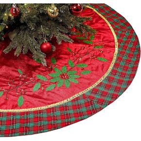 Valery Madelyn Christmas Tree Skirt for Tree Decorations, 60 inch Traditional Red Green Gold Large Xmas Tree Skirt with Holly Leaves Pattern and Tartan Trim for Merry Christmas Party Christmas Decor