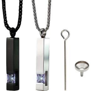 NAIVELY-2 Pieces Crystal Cremation Urn Necklace for Human Pet Ashes Stainless Steel Black Silver Tone Bar Zircon Memorial Pendant, for Ashes Keepsake Cremation