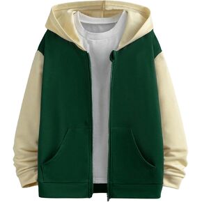 Boy's Color Block Full Zip Up Hoodie Long Sleeve Drop Shoulder Pullover Sweatshirts Tops