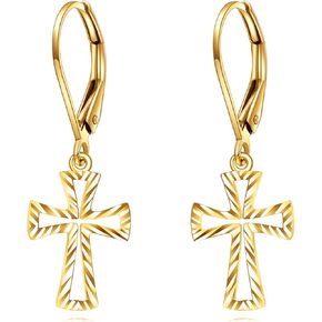 KECHO 14k Solid Gold Cross Earrings for Women Heart Leverback Dangle Drop Earrings Jewelry Birthday Gifts for Her