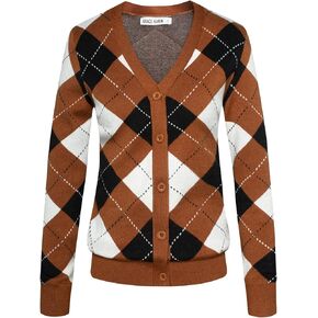 Womens Argyle Preppy Cardigan Sweater Casual V Neck Button Down Knit Cardigan Color Block Shrugs S-2XL