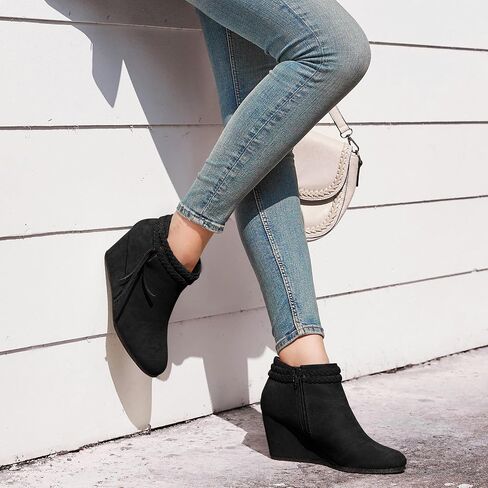 Womens Wedge Ankle Boots Braided Fringe Strap Western Heeled Fall Booties Dress Shoes in Saudi Arabia