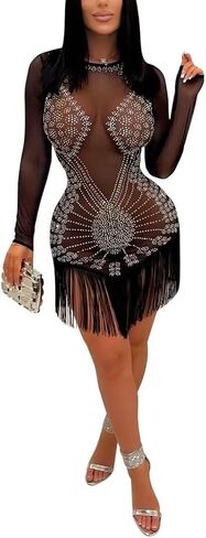 فستان نسائي شبكي شفاف متألق ومثير بأحجار الراين وأكمام طويلة مناسب للحفلات والنوادي الليلية in Kuwait