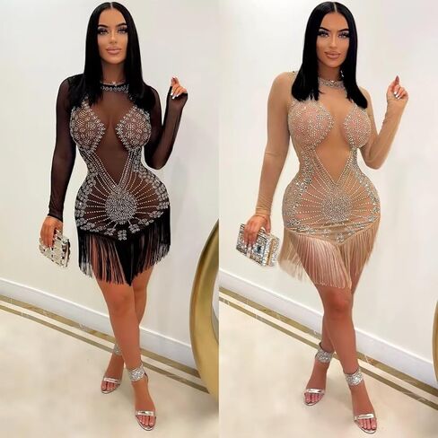 فستان نسائي شبكي شفاف متألق ومثير بأحجار الراين وأكمام طويلة مناسب للحفلات والنوادي الليلية in Kuwait