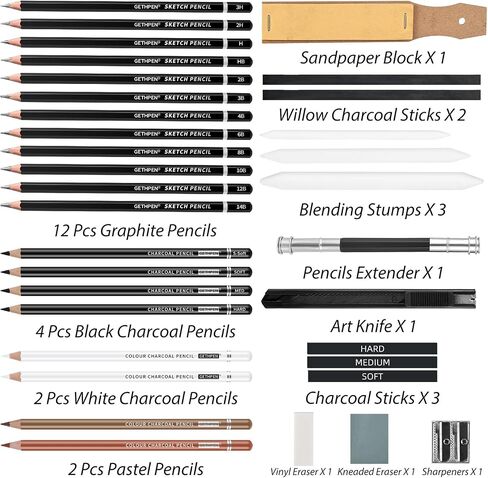 Professional Drawing Sketching Pencil Set - 14 Pieces Graphite Pencils(14B - 4H), Ideal for Drawing Art, Sketching, Shading, Artist Pencils for Beginners & Pro Artists in Kuwait