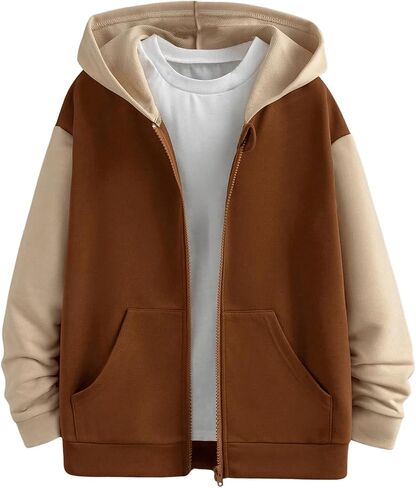Boy's Color Block Full Zip Up Hoodie Long Sleeve Drop Shoulder Pullover Sweatshirts Tops in Saudi Arabia