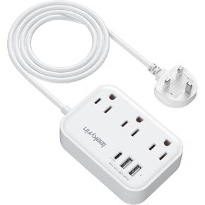 European Travel Plug Adapter(13A), US to Europe Plug Adapter with USB C(3.4A), 3 AC Outlets 3 USB Ports 5ft Extension Cord, Type E/F International Power Adapter for USA to Germany France Iceland Spain